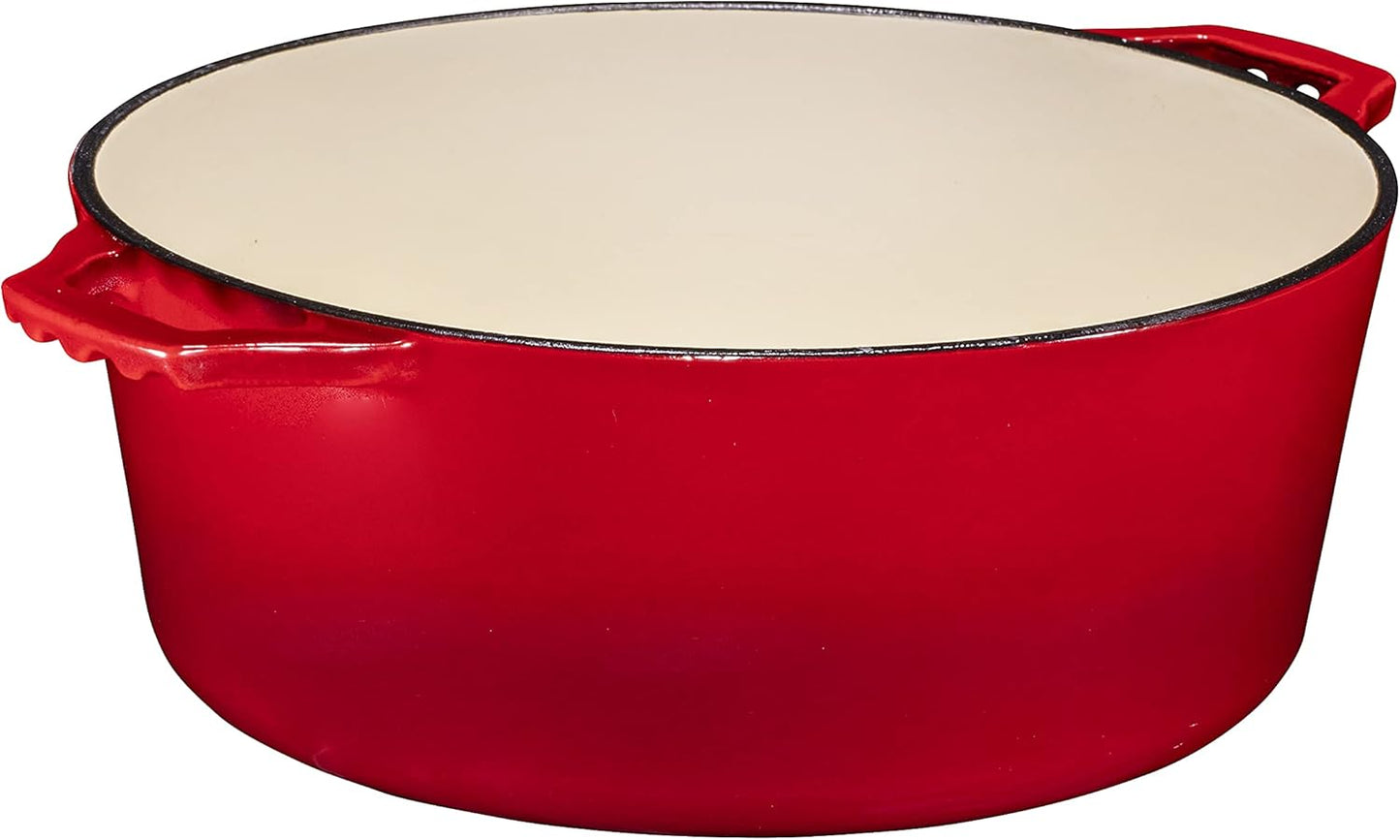 2-In-1 Enameled Cast Iron Dutch Oven Pot with Handles - 7 Quart Cast Iron Skillet Lid - Oval Dutch Oven for Bread Baking, Braising, Stews and Casserole Dishes - Durable Cookware - Red
