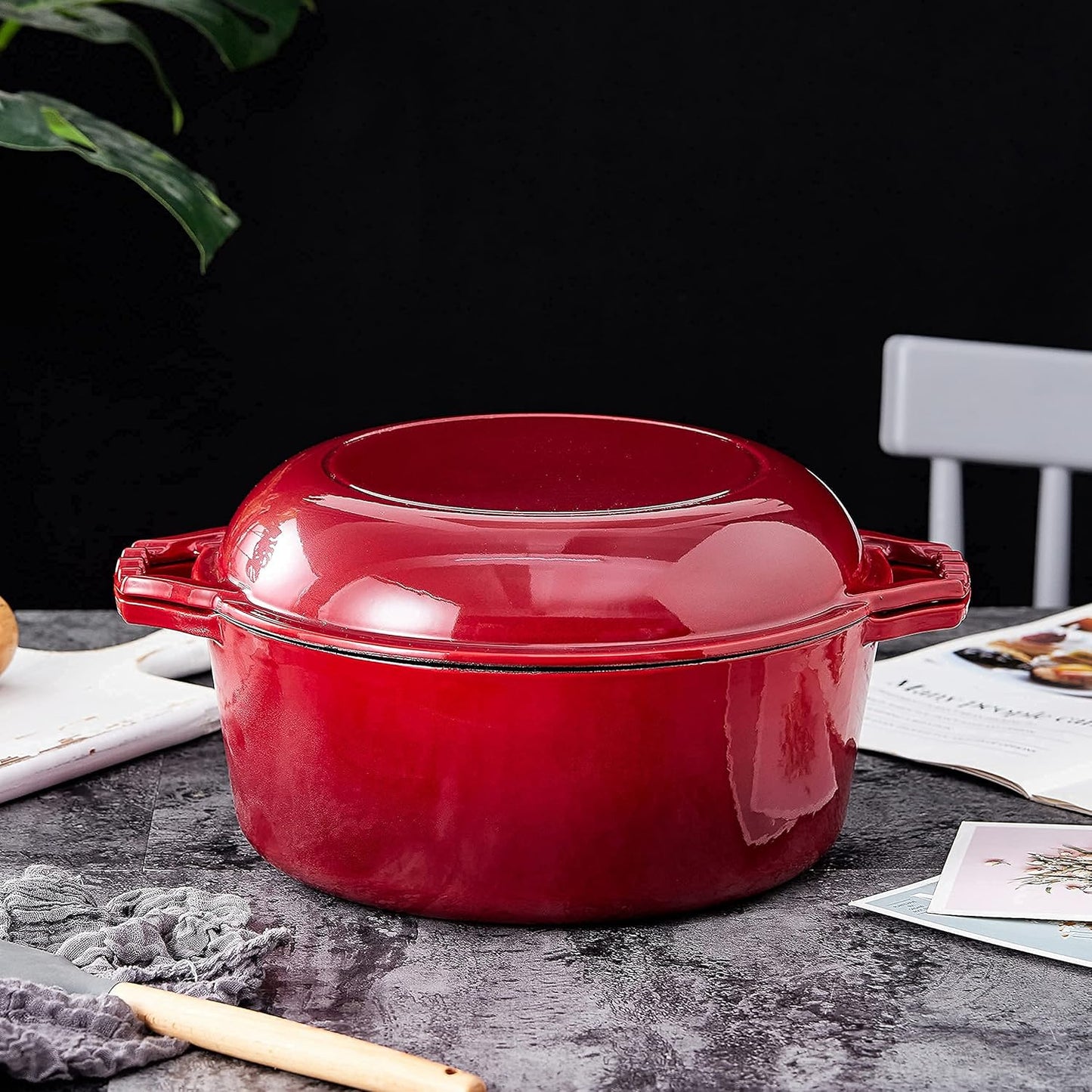 2-In-1 Enameled Cast Iron Dutch Oven Pot with Handles - 7 Quart Cast Iron Skillet Lid - Oval Dutch Oven for Bread Baking, Braising, Stews and Casserole Dishes - Durable Cookware - Red