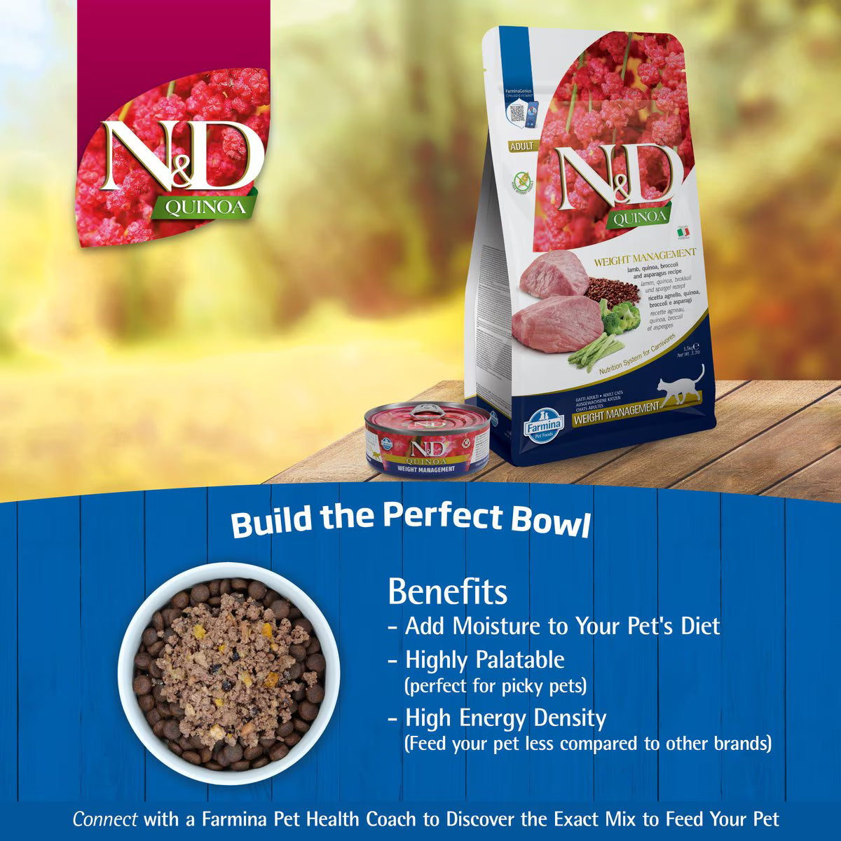 Farmina N&D Quinoa Feline Lamb, Broccoli & Asparagus Weight Management Dry Cat Food, 8.8-lb bag