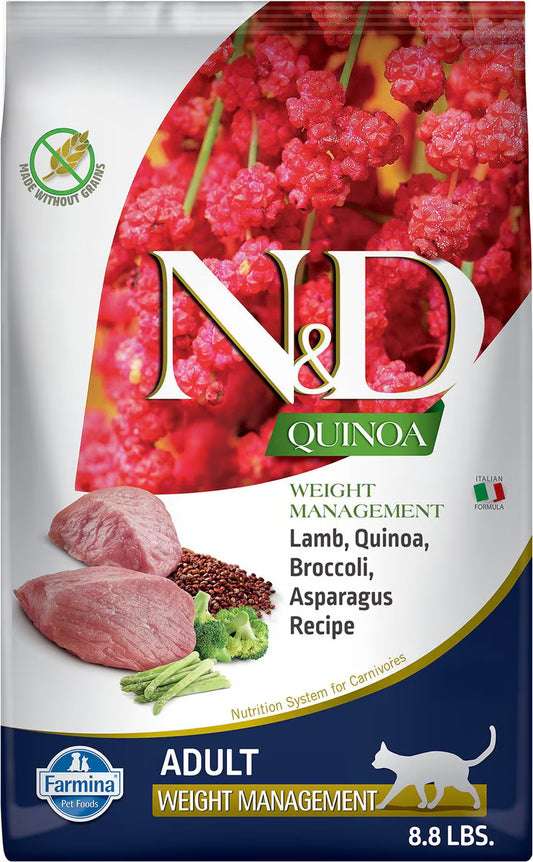 Farmina N&D Quinoa Feline Lamb, Broccoli & Asparagus Weight Management Dry Cat Food, 8.8-lb bag