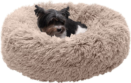 FurHaven Calming Cuddler Long Fur Donut Bolster Dog Bed, Taupe, Small