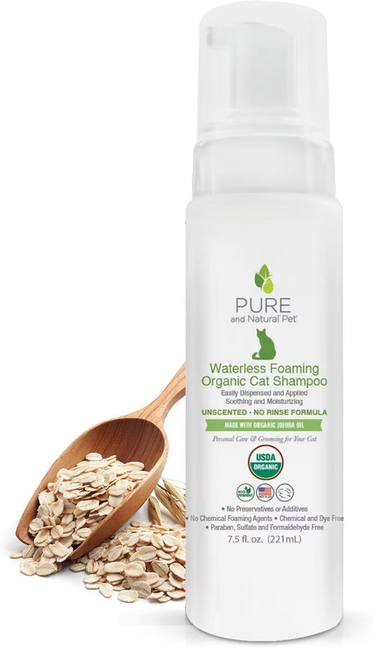 Pure and Natural Pet Waterless Foaming Organic Cat Shampoo, Unscented, 7.5-fl oz bottle