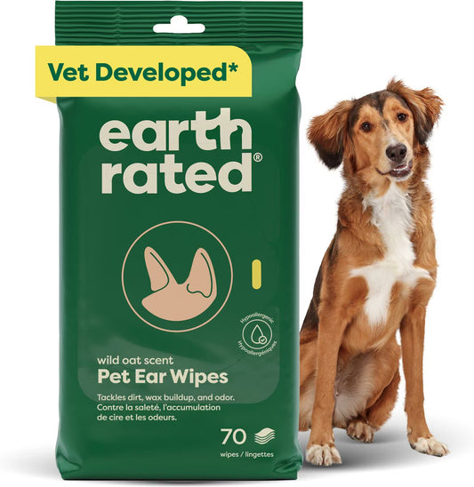 Earth Rated Vet-Developed Hypoallergenic Pet Ear Wipes Wild Oat Scent, 70 count