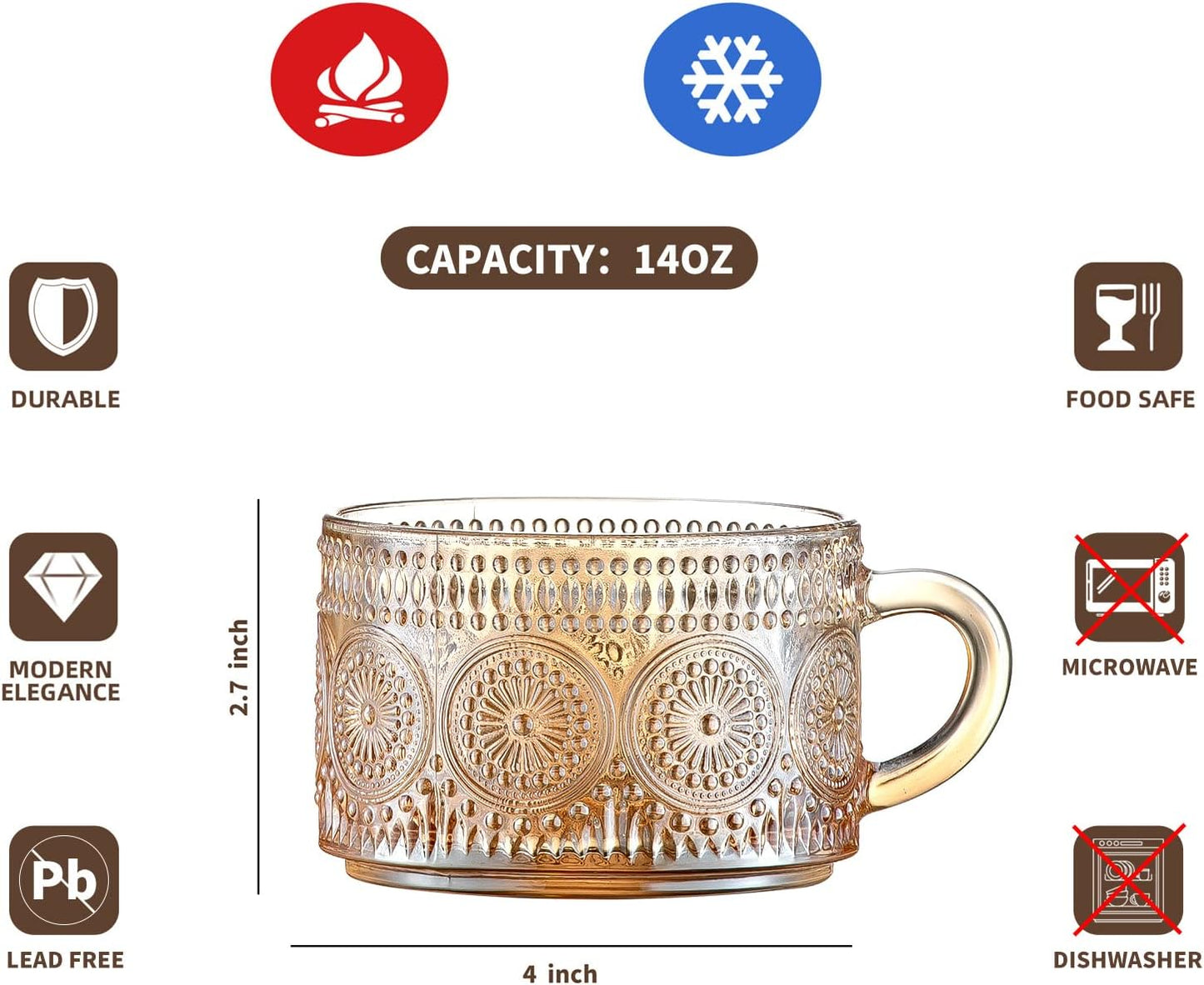 Vintage Coffee Mugs 14 Oz Set of 2 Amber Embossed Glass Tea Cups for Cappccino, Latte,Cereal, Yogurt, Beverage Christmas Thanksgiving Day Gifts