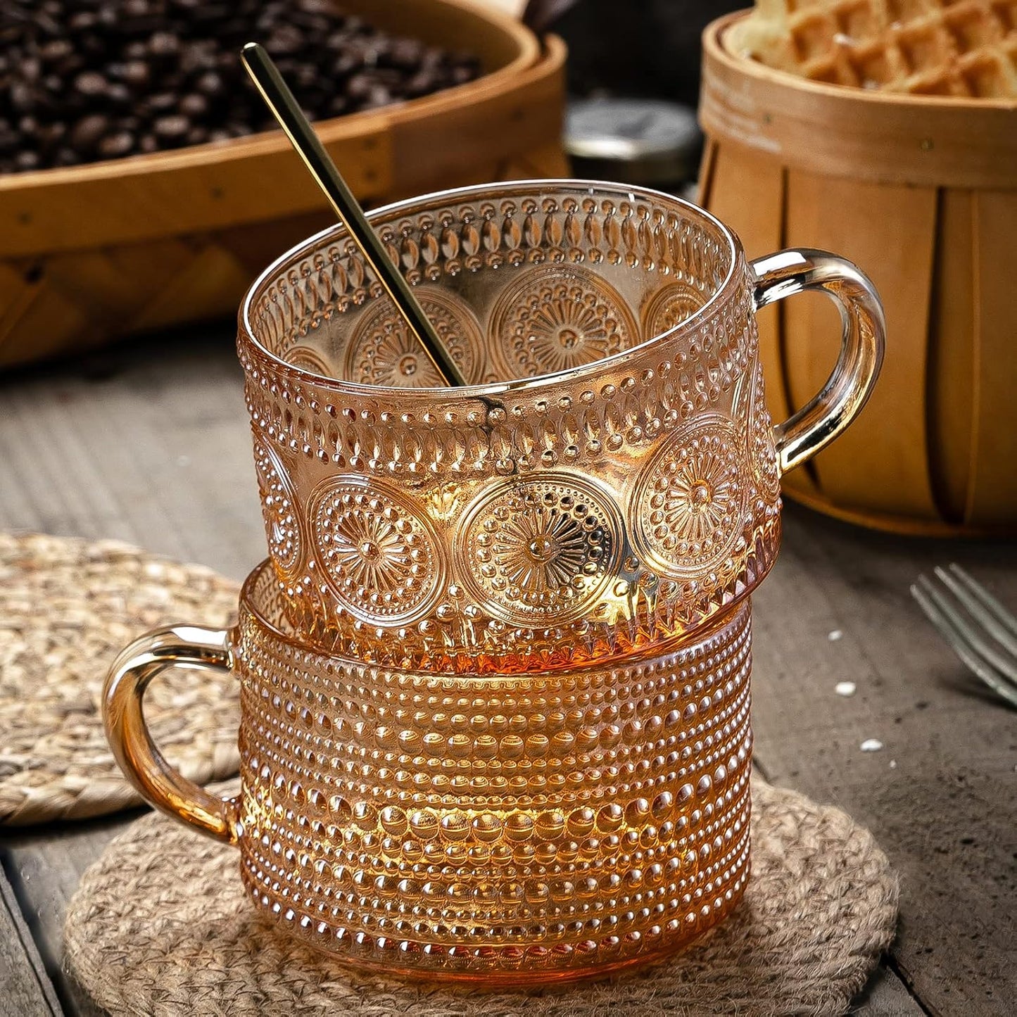 Vintage Coffee Mugs 14 Oz Set of 2 Amber Embossed Glass Tea Cups for Cappccino, Latte,Cereal, Yogurt, Beverage Christmas Thanksgiving Day Gifts