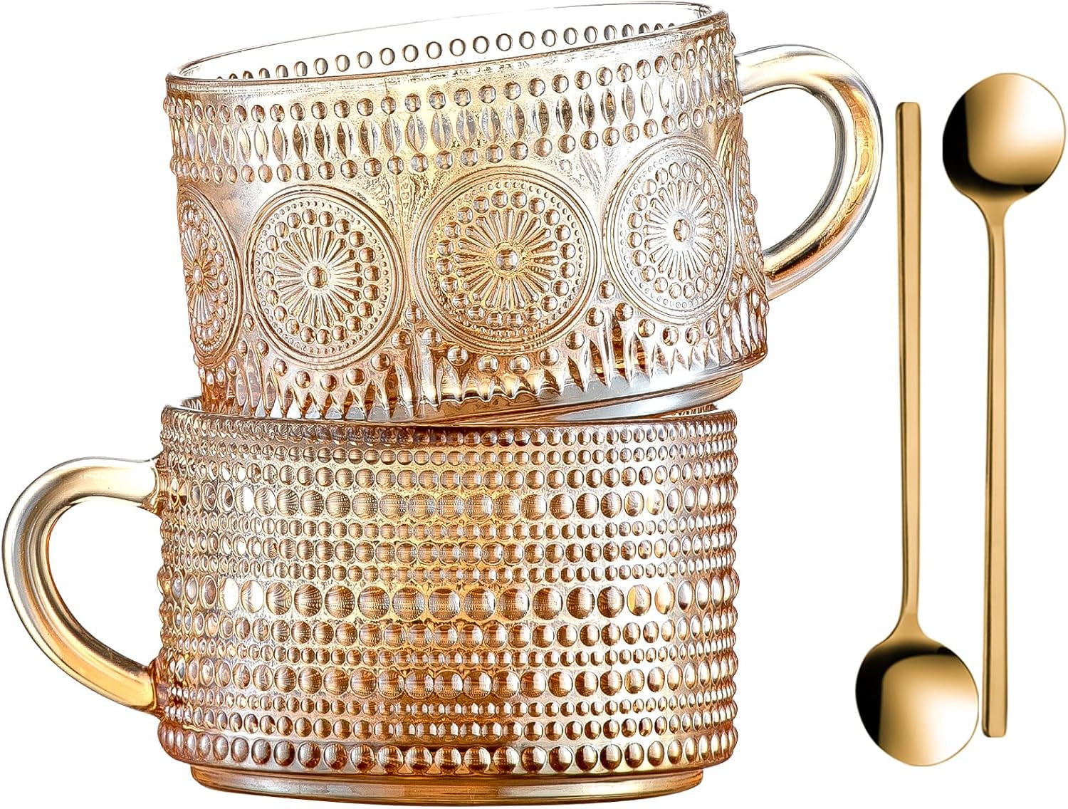 Vintage Coffee Mugs 14 Oz Set of 2 Amber Embossed Glass Tea Cups for Cappccino, Latte,Cereal, Yogurt, Beverage Christmas Thanksgiving Day Gifts