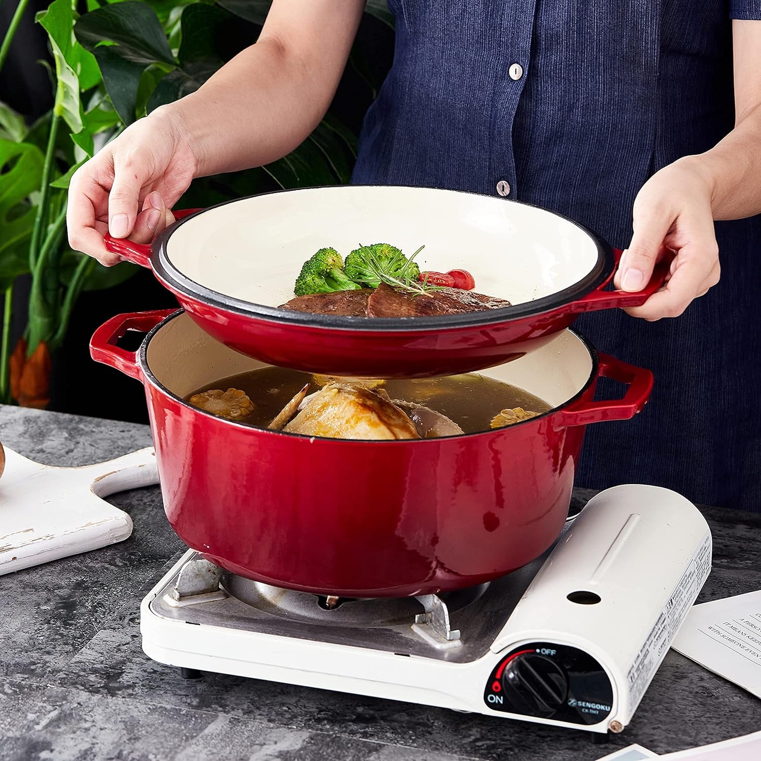 2-In-1 Enameled Cast Iron Dutch Oven Pot with Handles - 7 Quart Cast Iron Skillet Lid - Oval Dutch Oven for Bread Baking, Braising, Stews and Casserole Dishes - Durable Cookware - Red