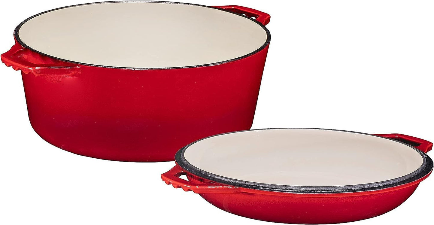 2-In-1 Enameled Cast Iron Dutch Oven Pot with Handles - 7 Quart Cast Iron Skillet Lid - Oval Dutch Oven for Bread Baking, Braising, Stews and Casserole Dishes - Durable Cookware - Red