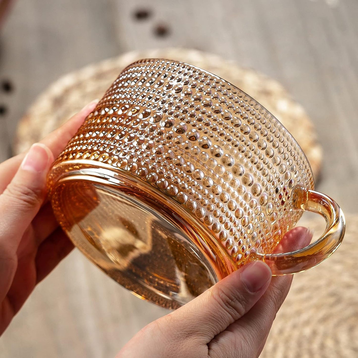 Vintage Coffee Mugs 14 Oz Set of 2 Amber Embossed Glass Tea Cups for Cappccino, Latte,Cereal, Yogurt, Beverage Christmas Thanksgiving Day Gifts