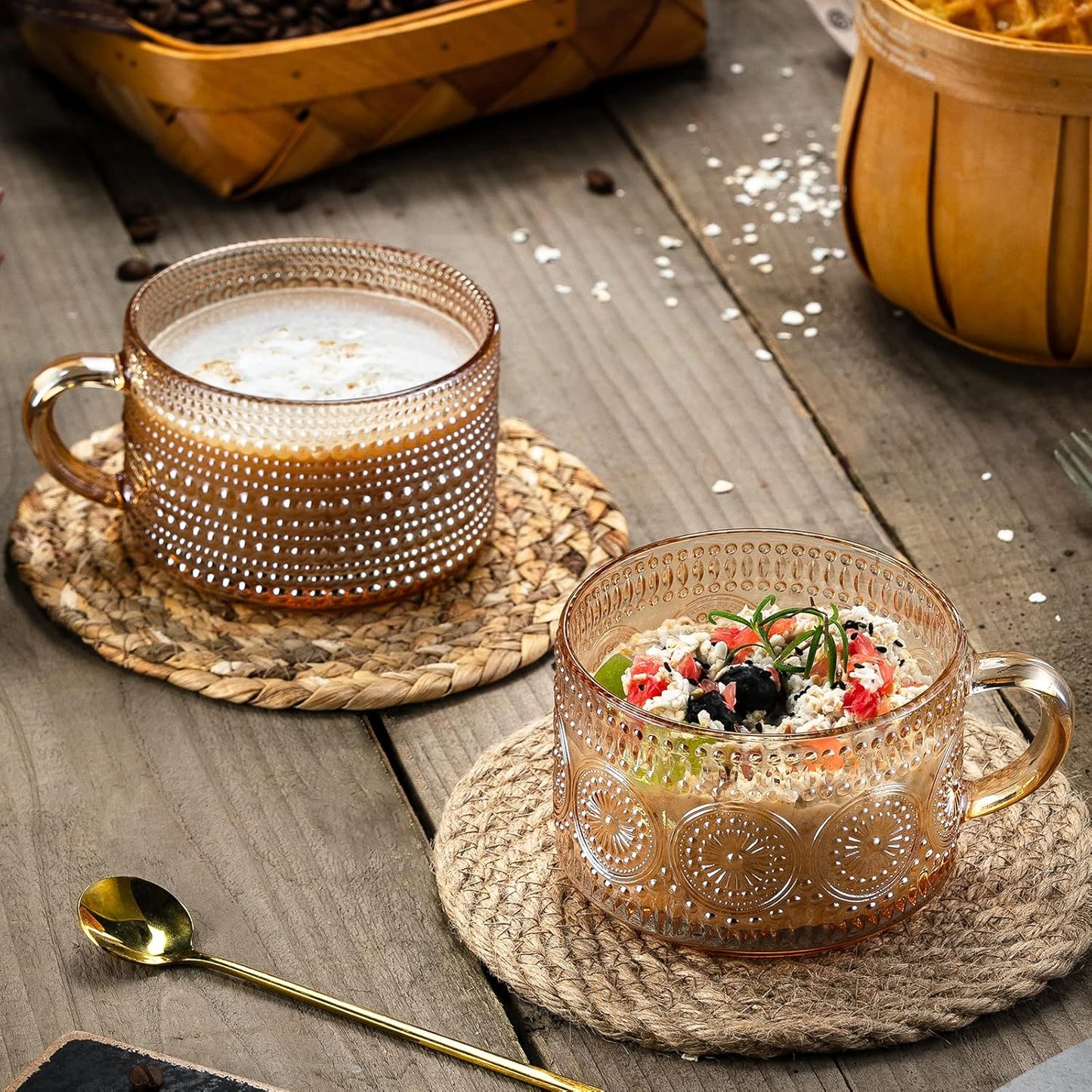 Vintage Coffee Mugs 14 Oz Set of 2 Amber Embossed Glass Tea Cups for Cappccino, Latte,Cereal, Yogurt, Beverage Christmas Thanksgiving Day Gifts
