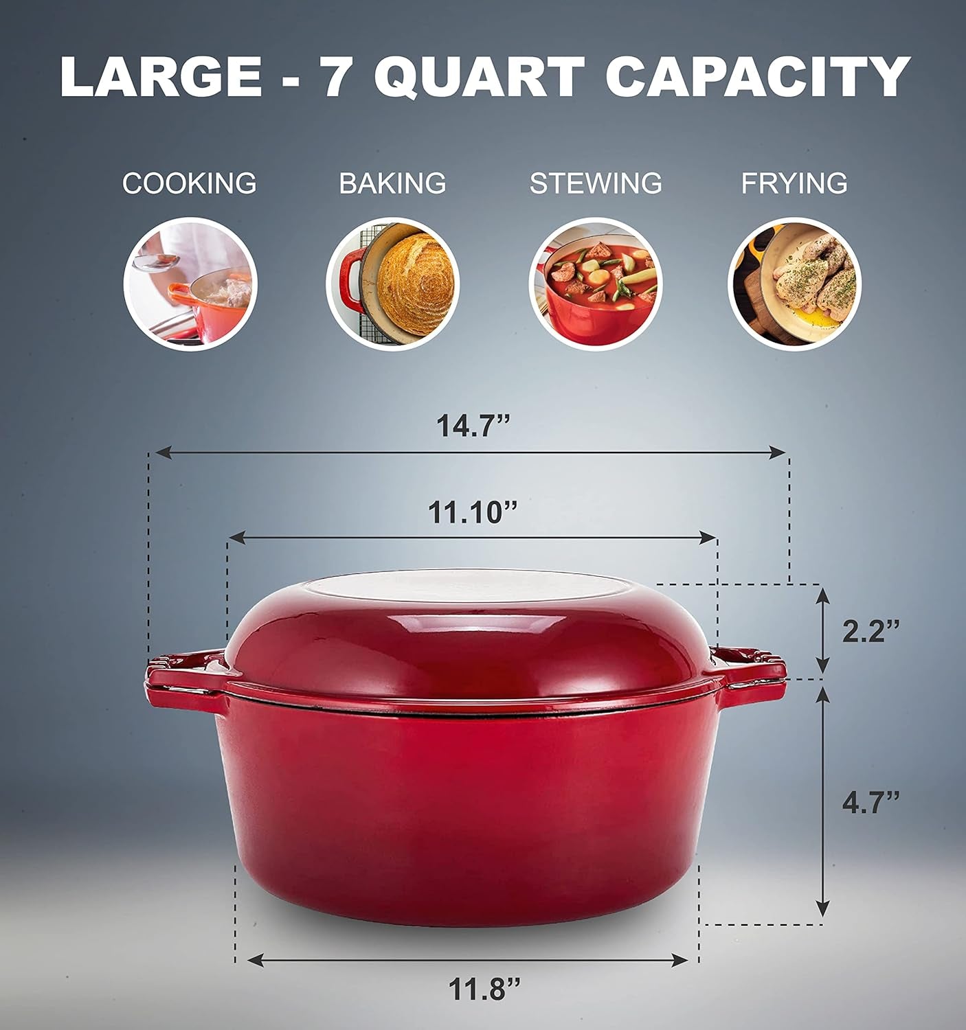 2-In-1 Enameled Cast Iron Dutch Oven Pot with Handles - 7 Quart Cast Iron Skillet Lid - Oval Dutch Oven for Bread Baking, Braising, Stews and Casserole Dishes - Durable Cookware - Red