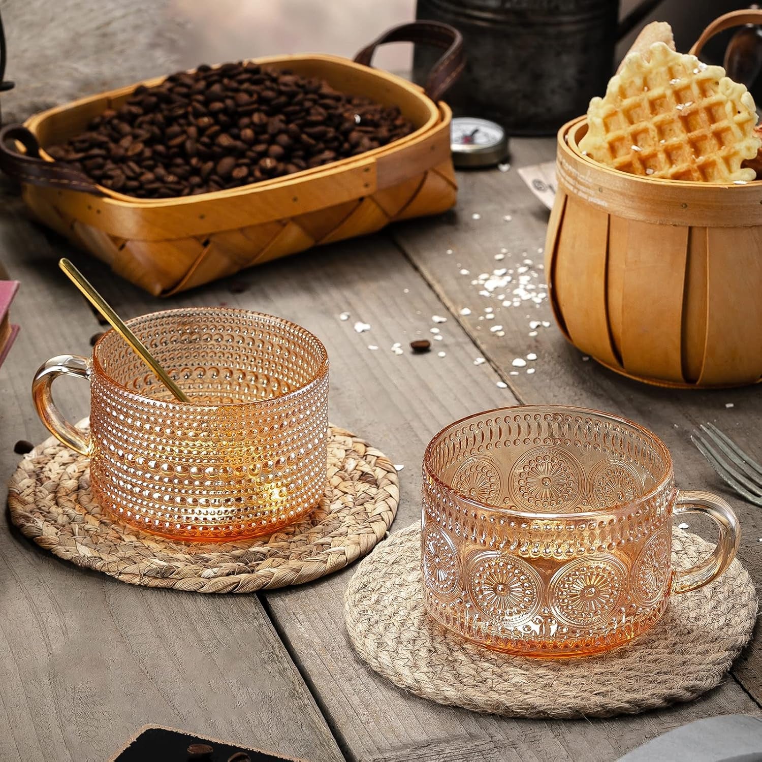 Vintage Coffee Mugs 14 Oz Set of 2 Amber Embossed Glass Tea Cups for Cappccino, Latte,Cereal, Yogurt, Beverage Christmas Thanksgiving Day Gifts