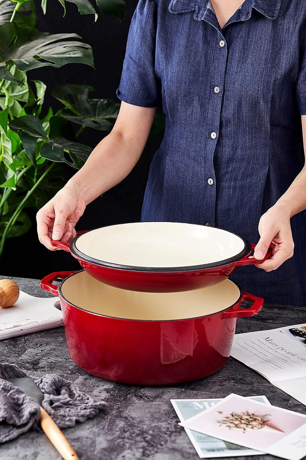 2-In-1 Enameled Cast Iron Dutch Oven Pot with Handles - 7 Quart Cast Iron Skillet Lid - Oval Dutch Oven for Bread Baking, Braising, Stews and Casserole Dishes - Durable Cookware - Red
