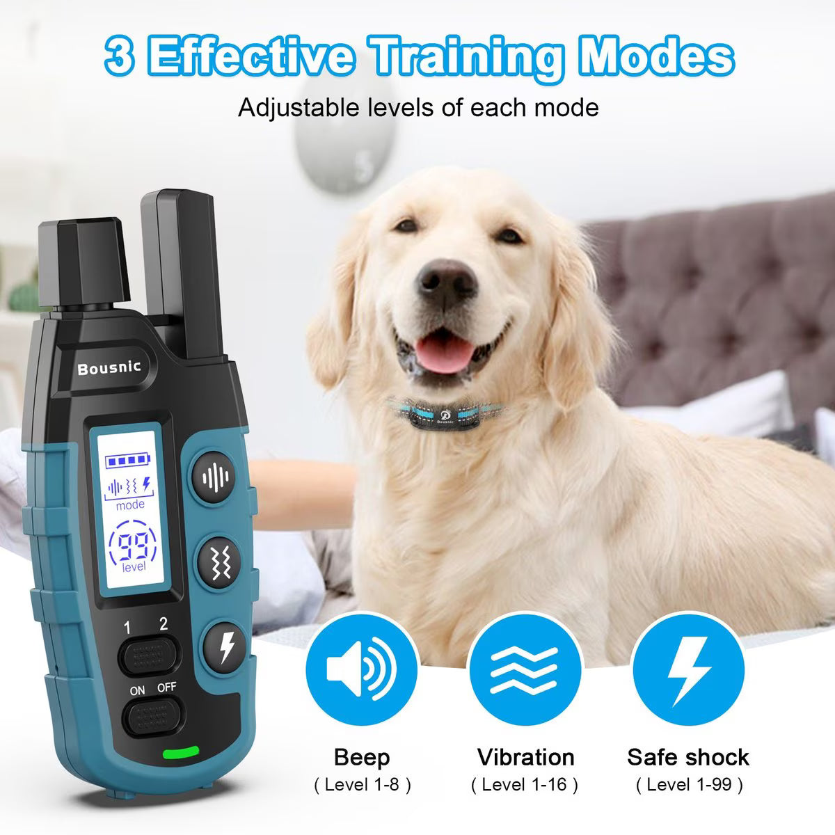 Bousnic Remote Waterproof Dog Training Collar, 3300-ft, Blue, 2 count