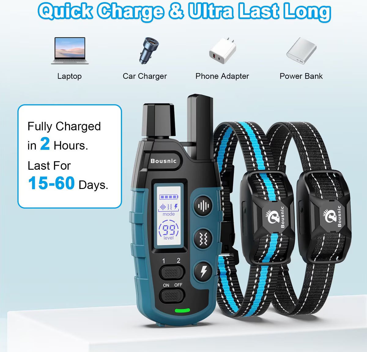 Bousnic Remote Waterproof Dog Training Collar, 3300-ft, Blue, 2 count