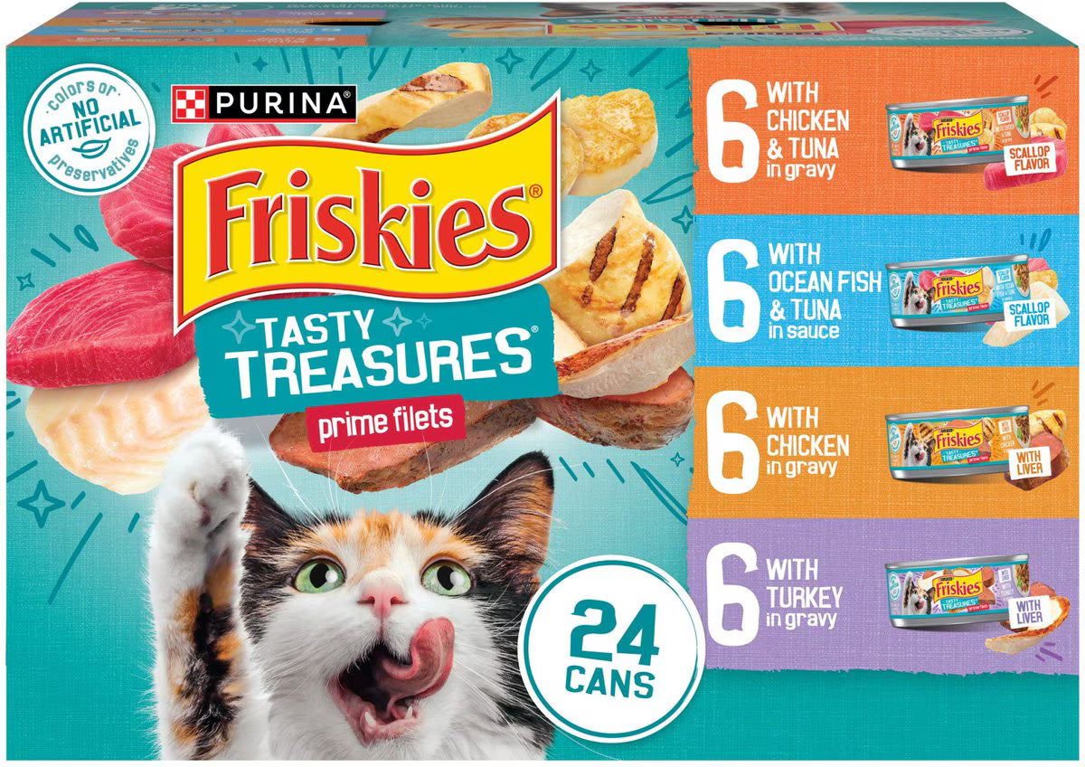 Friskies Tasty Treasures Adult Prime Filets in Gravy Variety Pack Wet Cat Food, 5.5-oz can, case of 24