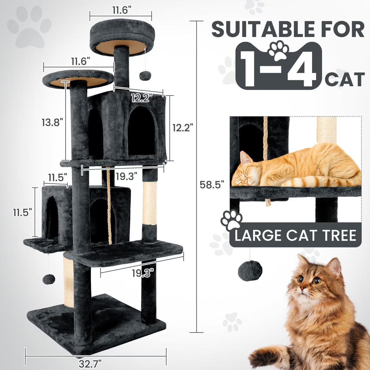 TSCOMON Multi-Level 58-in Plush Cat Tree & Condo, Deep Grey