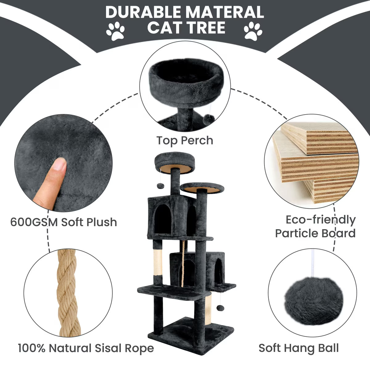 TSCOMON Multi-Level 58-in Plush Cat Tree & Condo, Deep Grey