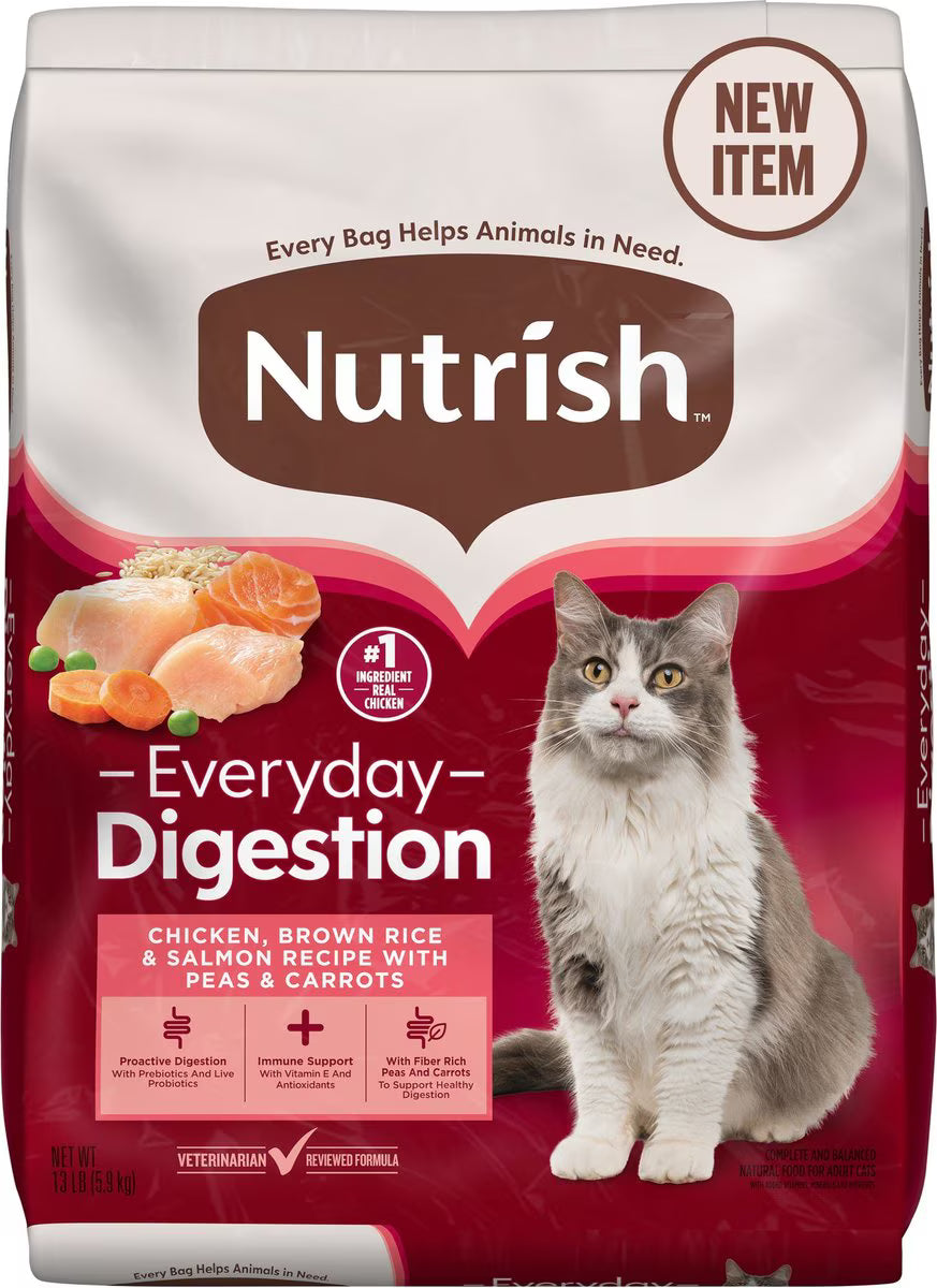 Nutrish Everyday Digestion Chicken, Brown Rice & Salmon Recipe with Peas & Carrots Dry Cat Food, 13-lb bag (Rachael Ray)