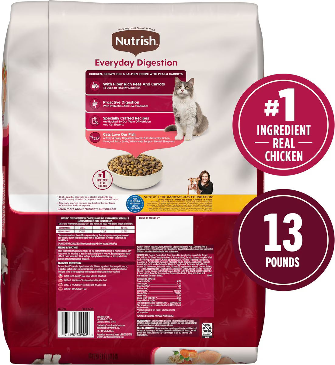 Nutrish Everyday Digestion Chicken, Brown Rice & Salmon Recipe with Peas & Carrots Dry Cat Food, 13-lb bag (Rachael Ray)