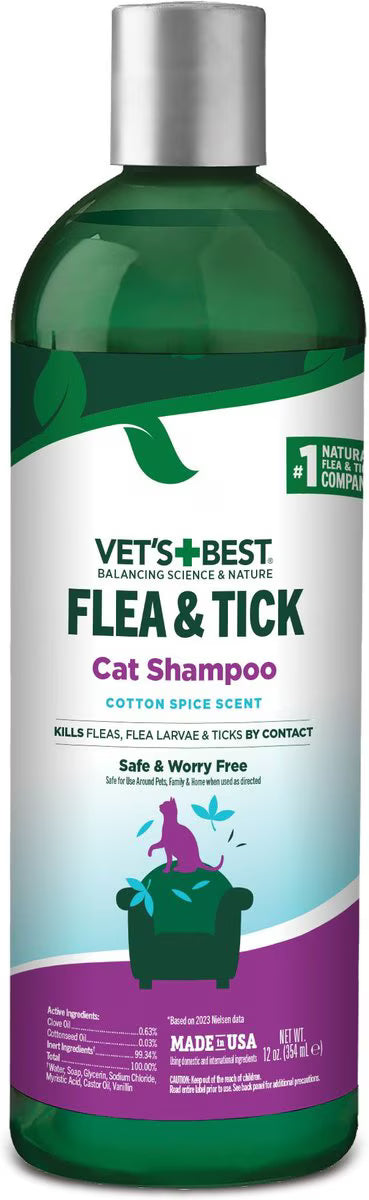 Vet's Best Plant Based Formula Flea & Tick Natural Cat Shampoo, 12-fl oz bottle