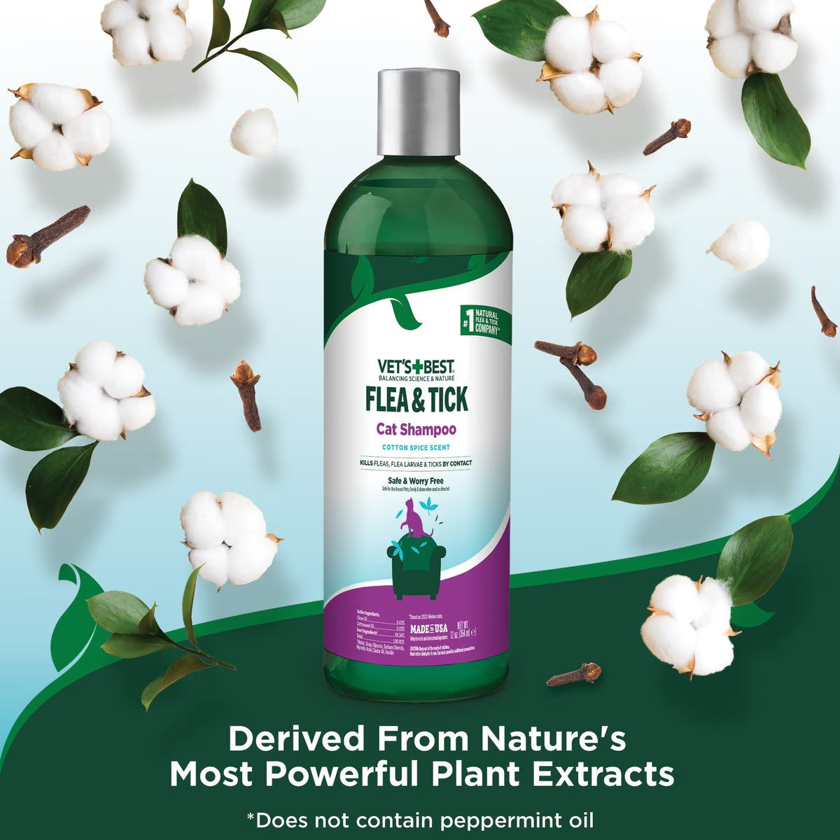 Vet's Best Plant Based Formula Flea & Tick Natural Cat Shampoo, 12-fl oz bottle