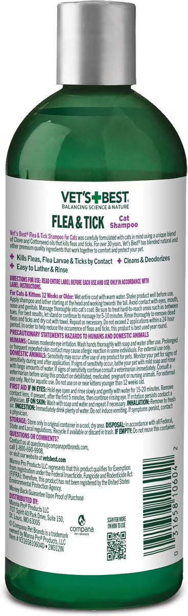 Vet's Best Plant Based Formula Flea & Tick Natural Cat Shampoo, 12-fl oz bottle