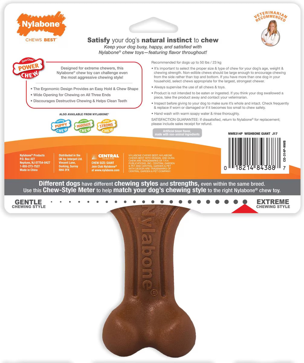 Nylabone Ergonomic Hold & Chew Wishbone Power Chew Durable Dog Toy Bison, Large