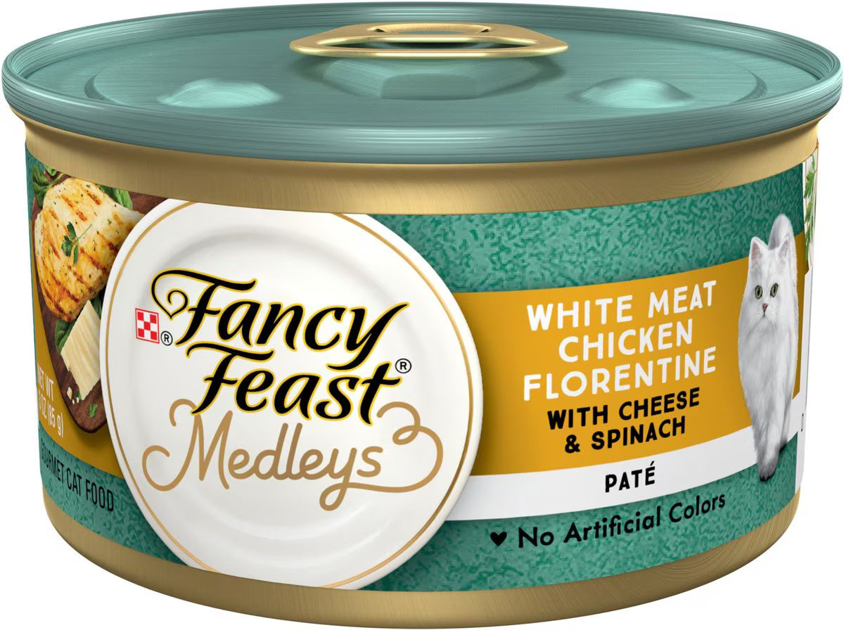 Fancy Feast Medleys White Meat Chicken Florentine with Cheese & Spinach Pate Canned Cat Food, 3-oz, case of 24