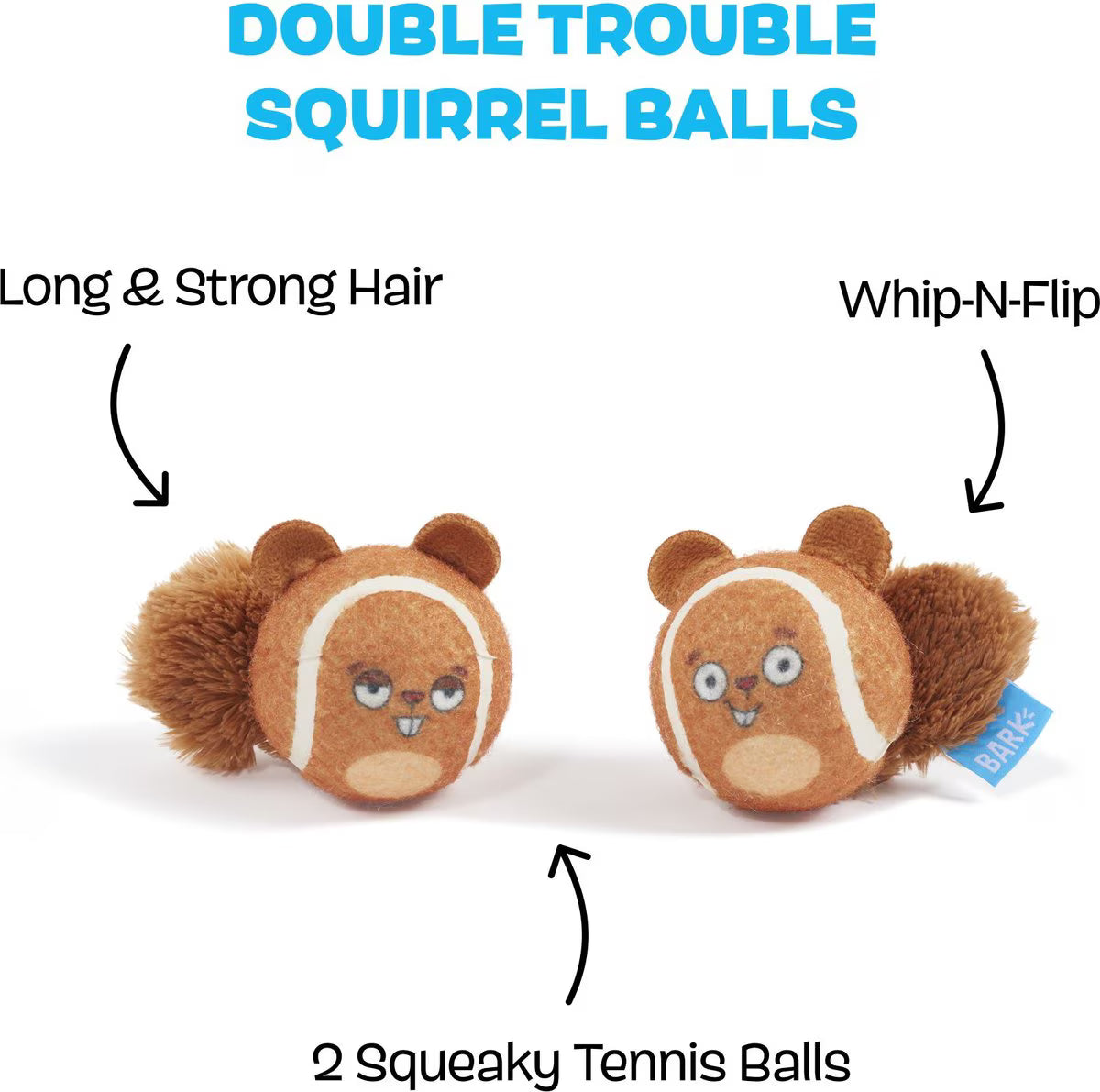 BARK Double Trouble Squirrel Balls Squeaky Plush Dog Toys, Brown, Small