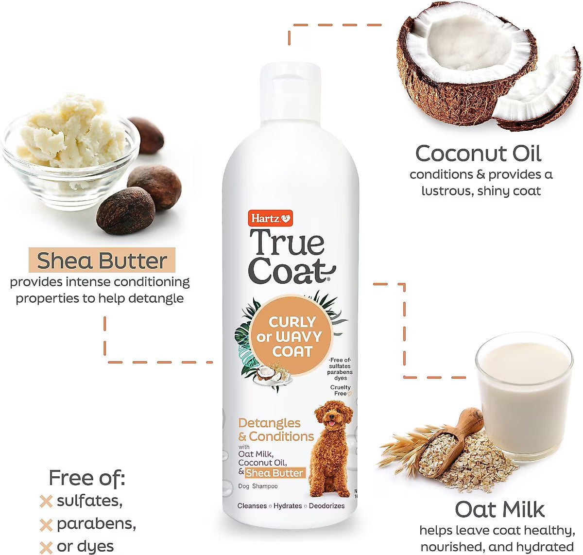 Hartz True Coat Curly or Wavy Detangles & Conditions with Oat Milk, Coconut Oil & Shea Butter Dog Shampoo, 16-fl oz bottle