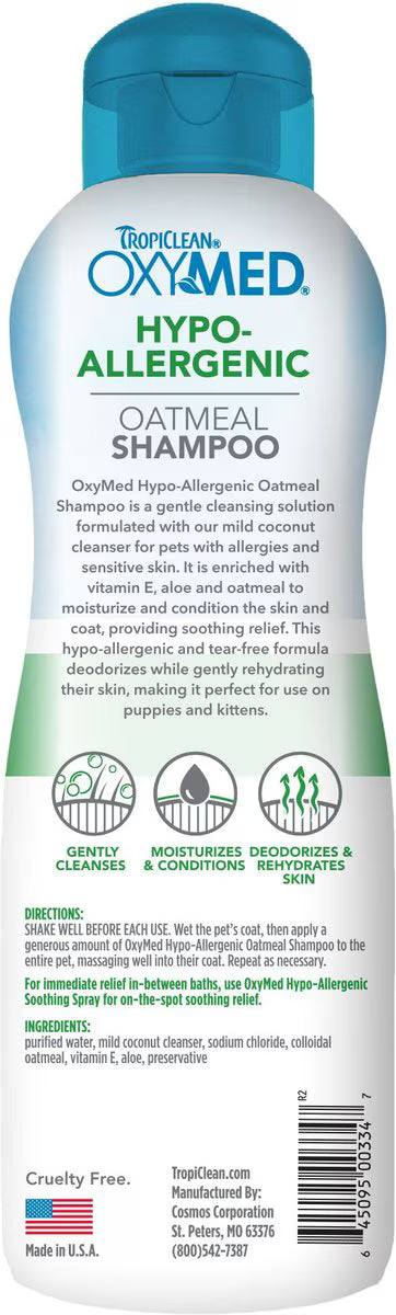 TropiClean OxyMed Hypo-Allergenic Oatmeal Dog & Cat Shampoo, Unscented, 20-fl oz bottle