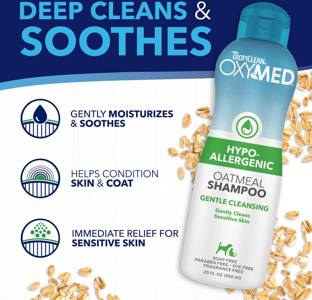 TropiClean OxyMed Hypo-Allergenic Oatmeal Dog & Cat Shampoo, Unscented, 20-fl oz bottle